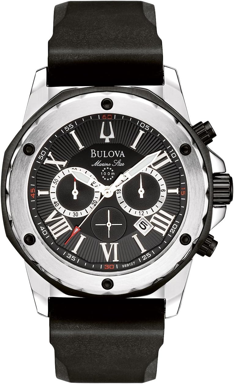 Bulova Marine Star Chronograph Black Dial Black Rubber Strap Watch For Men 98B127 – product image 2