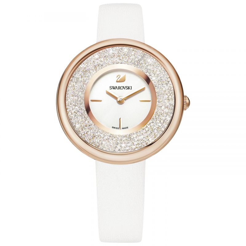Swarovski Crystalline Pure 5376083 rose-gold-tone watch with white leather strap