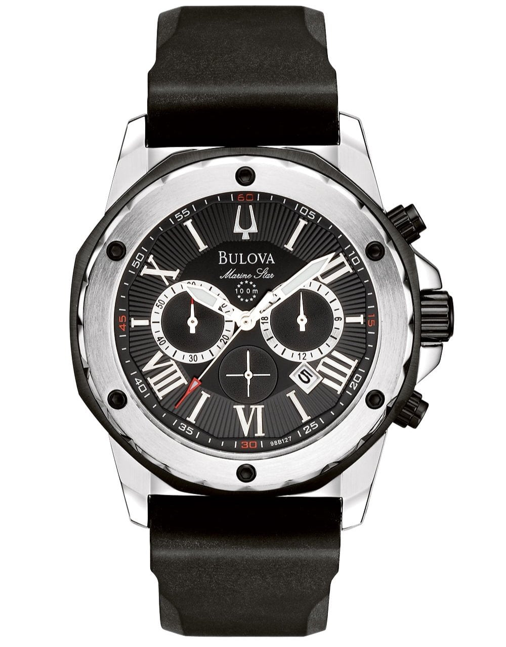 Bulova Marine Star Chronograph Black Dial Black Rubber Strap Watch For Men 98B127 – product image 3