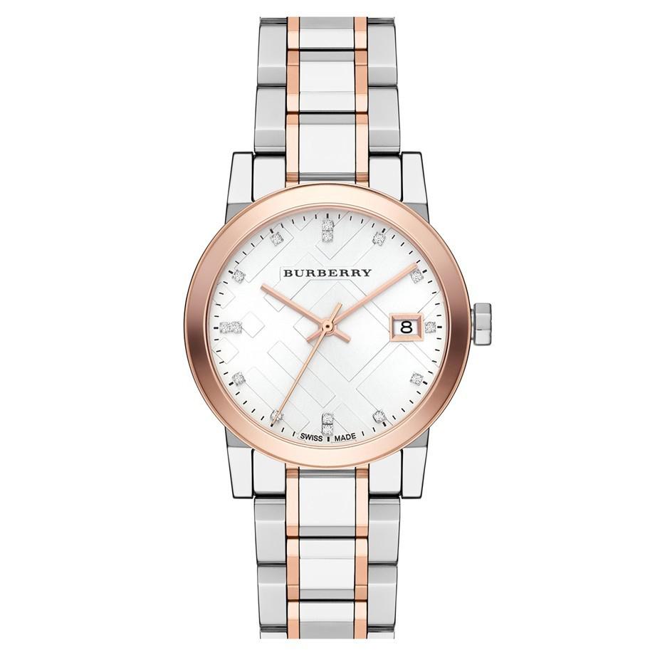 Burberry Women's Watch Diamond Check Stamped Two Tone BU9127