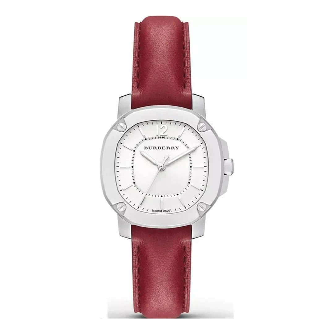 Burberry The Britain Women's Watch – White Dial, Red Leather Strap, 34mm BBY1705