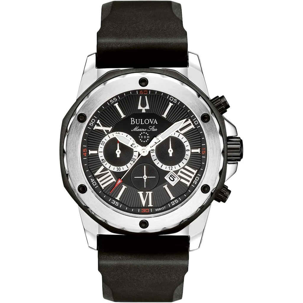 Bulova Marine Star Chronograph Black Dial Black Rubber Strap Watch For Men 98B127