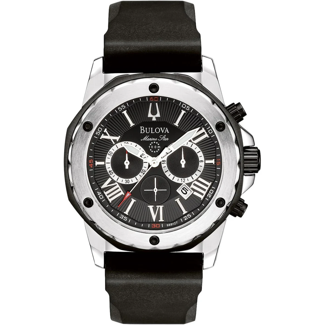 Bulova Marine Star Chronograph Black Dial Black Rubber Strap Watch For Men 98B127